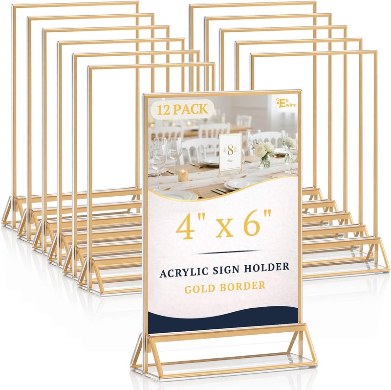 EHWINE 12 Pack Acrylic Sign Holder 4 x 6, Double Sided Gold Picture Frame Stand up Table Top Sign Holders, Clear Display Stand Menu Flyer Holder for Wedding Party - Image 1